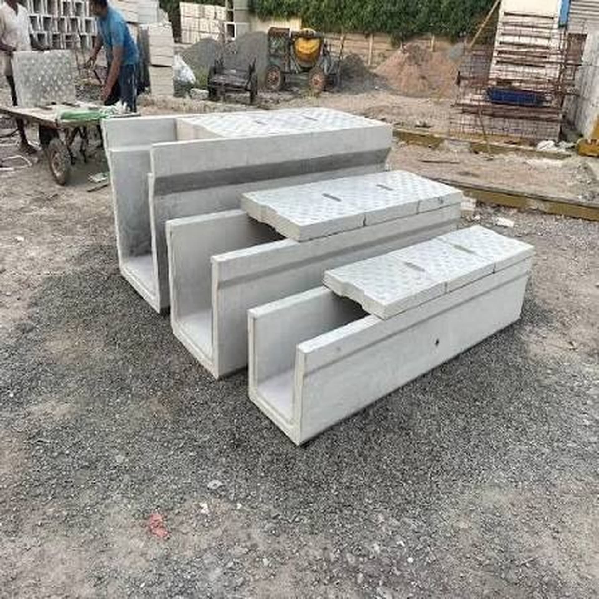 FT flume and U-channel units stacked in the yard